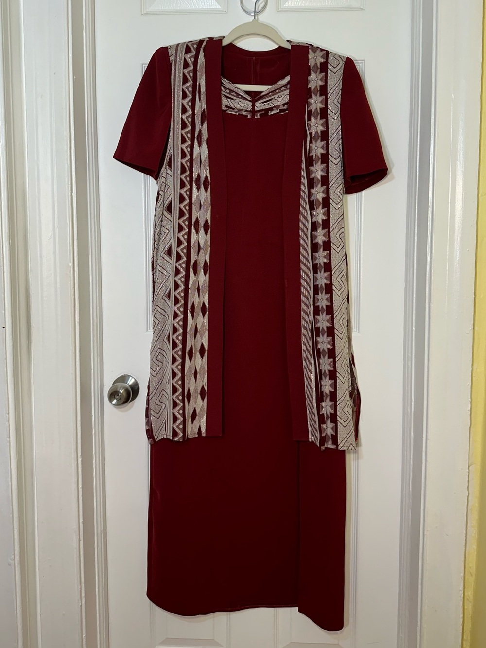Vintage Maroon Dress with Cream Patterned Vest (2 Piece Set)